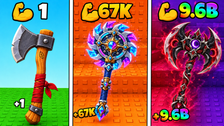 Official chopper progression art: +1, +67K and +9.6B Strength tiers (Roblox)